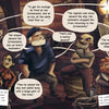 Five sailors with unique looks gather below deck, discussing The Grimooze and a mutiny. Speech bubbles capture their talk, like a scene from Pirates Escape Game by Schiffer Publishing, Ltd., with detailed ship elements in the background.