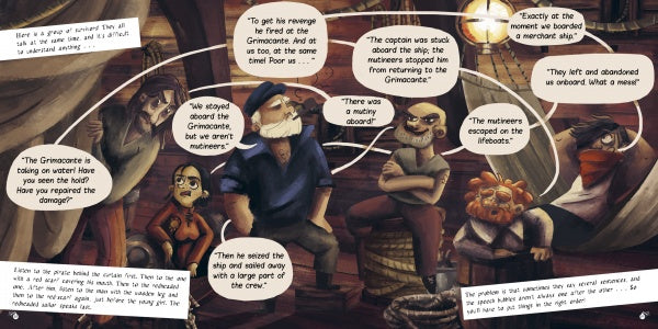 Five sailors with unique looks gather below deck, discussing The Grimooze and a mutiny. Speech bubbles capture their talk, like a scene from Pirates Escape Game by Schiffer Publishing, Ltd., with detailed ship elements in the background.