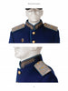 Mannequin wearing a blue Soviet military parade uniform with gold buttons, leaf-embroidered collar, and blue epaulets with gold insignia, inspired by "World War II Parade Uniforms of the Soviet Union • Vol.2" by Schiffer Publishing, Ltd.