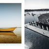 A yellow rowboat rests on a tranquil shore as a black-and-white aerial photo from "Art from above Cape Cod" by Schiffer Publishing, Ltd. reveals a harbor building, docks, boats, and shoreline beneath a clear sky.