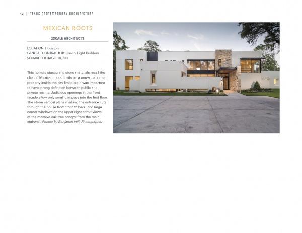 Contemporary Texas Architecture by Schiffer Publishing, Ltd. showcases modern two-story homes with large windows, light stone, and stucco exteriors, set among trees with minimalist landscaping and spacious entrances.