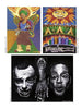 Positive Creations" by Schiffer Publishing, Ltd. showcases three vibrant artworks: visionary art of a woman with a winged baby, a vivid sun over mountains and city above a skeleton, and two expressive male faces in black-and-white.