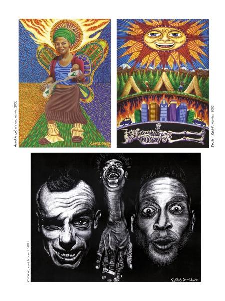 Positive Creations" by Schiffer Publishing, Ltd. showcases three vibrant artworks: visionary art of a woman with a winged baby, a vivid sun over mountains and city above a skeleton, and two expressive male faces in black-and-white.