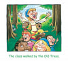A cheerful teacher guides excited kids on a forest walk by tall, old trees. Text: The class walked by the Old Trees in "Are You Sure that Was a Rabbit?" from Schiffer Publishing, Ltd., an early reader picture book.