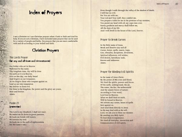 A book spread from Paranormal Canadian Tales by Schiffer Publishing, Ltd. shows textured pages: the left lists Christian prayers like the Lord's Prayer and Psalm 23; the right features prayers used by paranormal investigators, such as those for breaking curses.