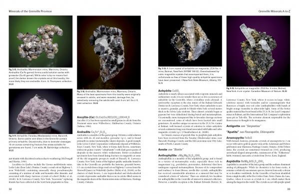 A page from "Minerals of the Grenville Province" by Schiffer Publishing, Ltd., featuring mineral specimens inspired by collections at the Canadian Museum of Nature.