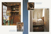 Passion for Primitives by Schiffer Publishing, Ltd. features cozy home interiors with wooden shelves for dishes and collectibles, a checked tablecloth, a handmade quilt with drawers, and rustic decor, plus inset photos highlighting storage details.