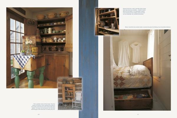 Passion for Primitives by Schiffer Publishing, Ltd. features cozy home interiors with wooden shelves for dishes and collectibles, a checked tablecloth, a handmade quilt with drawers, and rustic decor, plus inset photos highlighting storage details.