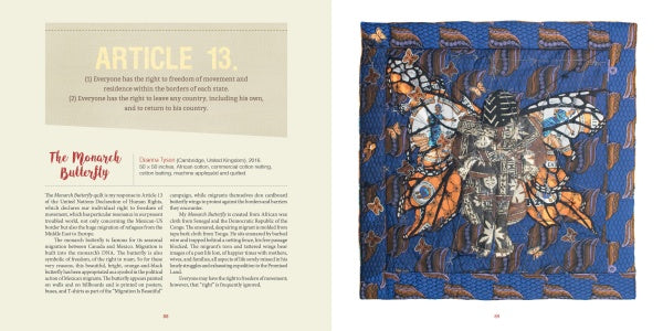 A two-page spread from Schiffer Publishing’s "Visioning Human Rights in the New Millennium": left page explores Article 13 and Monarch butterflies; right page displays a quilted textile butterfly artwork on a blue background.