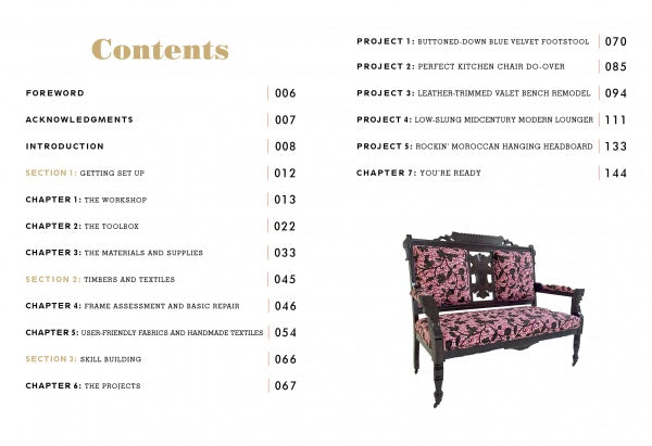 On the left, a table of contents displays chapters and pages; on the right, The Little Upholstery Book by Schiffer Publishing, Ltd. features an ornate wooden bench with black and pink fabric—perfect inspiration for beginner upholstery projects.