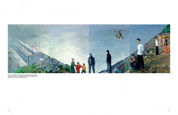 Bodies of Work—Contemporary Figurative Painting by Schiffer Publishing, Ltd. features four painted panels of people interacting by a shore or landfill, against an overcast sky and industrial dam with debris in the background.
