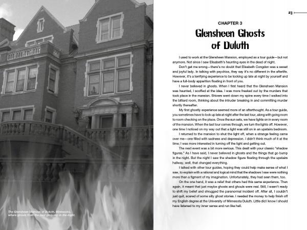 A black-and-white photo of Glensheen Mansion with ghostly flames illustrates the start of Chapter 3, "Glensheen Ghosts of Duluth," in Campfire Tales Great Lakes by Schiffer Publishing, Ltd., recalling classic Great Lakes ghost stories.