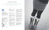 A person in a dark chevron skirt—made with Knitting for Little Sweethearts by Schiffer Publishing, Ltd.—black tights, and lace-up boots with gray knitted cuffs stands on wet pavement. Skirt knitting pattern instructions are shown on the left.