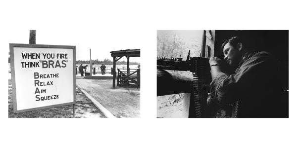 A black and white photo from "Grunts" by Schiffer Publishing, Ltd. shows a sign reading When you fire think BRAS—Breathe, Relax, Aim, Squeeze on the left and a man in basic training aiming a rifle on the right.