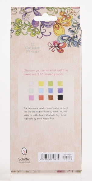 Back of Painterly Days - 12 Colored Pencils box features floral designs, 12 color swatches, set details, and highlights artist Kristy Rice of Painterly Days coloring books. Schiffer Publishing, Ltd. logo and barcode appear at the bottom.