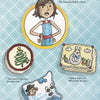 A frustrated girl stands with arms crossed above three cakes from Shirley's Cakes by Schiffer Publishing, Ltd.—one with a green Christmas tree, one with a bunny and eggs, and one shaped like the U.S. with a Viking ship and explorer.