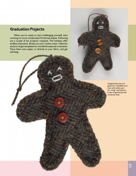 Fun Felt Crafts by Schiffer Publishing, Ltd. features two handmade gingerbread men Christmas ornaments, crafted from textured brown fabric with button accents, displayed on a light background with project instructions.