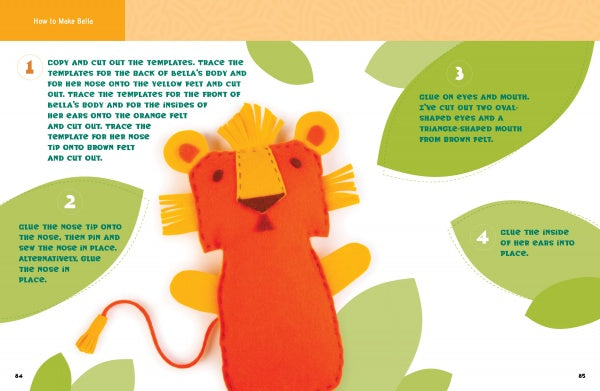 A colorful page from Schiffer Publishing, Ltd.'s "The Zenki Way" shows how to make a felt lion with orange and yellow pieces and green leaves, featuring numbered steps using templates, glue, and cut-out felt shapes.