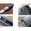 A collage of four photos displays Schiffer Publishing, Ltd.'s Liner Lock Knives: a full view, close-ups of the thumbstud with steel sphere, a contoured liner spring, and a thumbstud featuring a small red ruby.