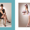 Left: A woman in a black dress channels vintage glamour, while right: another in pastels and a headband poses with a cupcake and confetti—both from "Bombshell" by Schiffer Publishing, Ltd., capturing playful pin-up style.