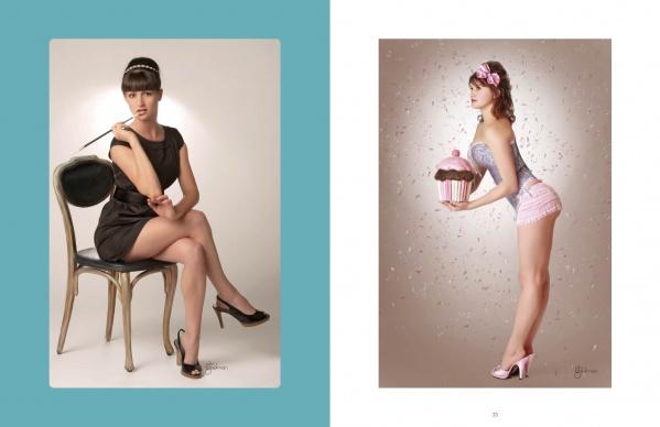Left: A woman in a black dress channels vintage glamour, while right: another in pastels and a headband poses with a cupcake and confetti—both from "Bombshell" by Schiffer Publishing, Ltd., capturing playful pin-up style.