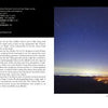 A landscape photo in "Terra Flamma" by Schiffer Publishing, Ltd. shows night sky star trails over city lights. The left page describes the Chariot Fire, detailing this California wildfire and its impact on photography against a white background.
