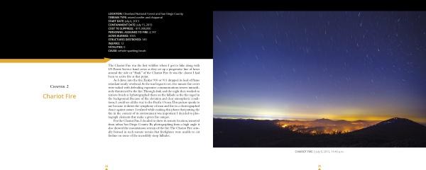 A landscape photo in "Terra Flamma" by Schiffer Publishing, Ltd. shows night sky star trails over city lights. The left page describes the Chariot Fire, detailing this California wildfire and its impact on photography against a white background.