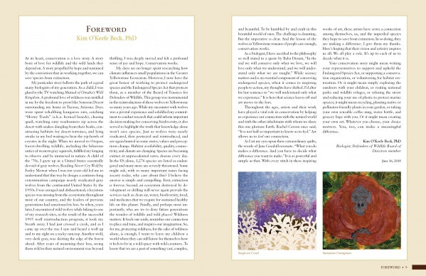 Two pages from Inspired by Endangered Species (Schiffer Publishing, Ltd.) show Kim O’Konek Beck, PhD’s foreword. Dense text appears above vibrant paintings—like white coral and an orangutan—emphasizing eco-awareness and endangered species.