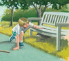 A young boy in white clothes crouches on a path, reaching out to a river otter under a bench in a sunny, tree-filled park, capturing the spirit of Schiffer Publishing, Ltd.'s children’s book, Saving Squeak, about wildlife rehabilitation.