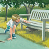 A young boy in white clothes crouches on a path, reaching out to a river otter under a bench in a sunny, tree-filled park, capturing the spirit of Schiffer Publishing, Ltd.'s children’s book, Saving Squeak, about wildlife rehabilitation.