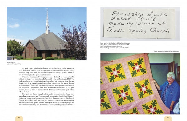 On the left is a church with a white steeple; on the right, a handwritten note about a friendship quilt and a woman holding a colorful vintage quilt. Text appears at the bottom. From *Quilts of Cumberland County* by Schiffer Publishing, Ltd.