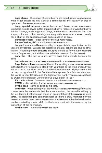 The Mariner's Guide to Nautical Information by Schiffer Publishing, Ltd. features a dictionary page with boating terms on buoy shapes, navigation rules, and abbreviations (e.g., Bureau Veritas), bolded key terms, italicized examples, and a sailboat icon in the top right.