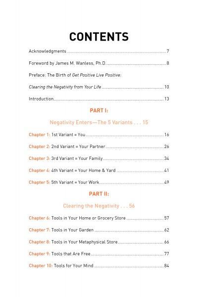 The table of contents in Get Positive Live Positive (Schiffer Publishing, Ltd.) lists chapters like “Negativity Enters—The 5 Variants” and “Clearing the Negativity,” with titles, page numbers, and a focus on negative energy in black and orange text.