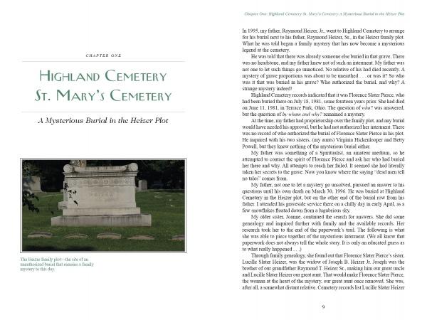 A photograph of a white Heiser monument stands amid gravestones and trees on green grass behind a black fence, evoking the haunted history featured in Cincinnati Cemeteries by Schiffer Publishing, Ltd. Text fills the remaining page.