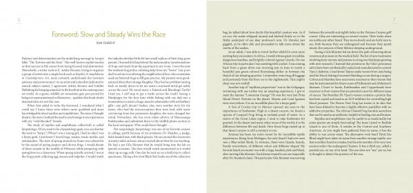 Two pages from Reptiles & Amphibians in Contemporary Art by Schiffer Publishing, Ltd., featuring the foreword titled "Foreword: Slow and Steady Wins the Race" by Sam Chabot, with text and wildlife illustrations on pale green.