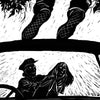 A black-and-white illustration from "Scary Urban Legends" by Schiffer Publishing, Ltd. shows a frightened woman and man in a car, staring up at two feet in fishnet stockings hanging ominously above them, evoking tense classic urban legend vibes.