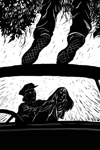 A black-and-white illustration from "Scary Urban Legends" by Schiffer Publishing, Ltd. shows a frightened woman and man in a car, staring up at two feet in fishnet stockings hanging ominously above them, evoking tense classic urban legend vibes.