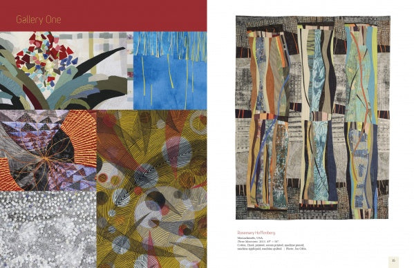 A two-page spread from Schiffer Publishing, Ltd.'s "Art Quilts International" features six vibrant abstract quilt panels on the left, and a tall, wavy blue and brown quilt by renowned artist Rosemary Hoffenberg on the right.