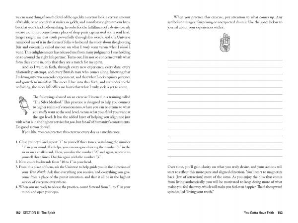 Two pages from "Mindfulness Matters" by Schiffer Publishing, Ltd. show text and a small hand illustration. Page 152 features visual exercises for mindfulness and self-care; page 153 discusses symbols and timing your truth.
