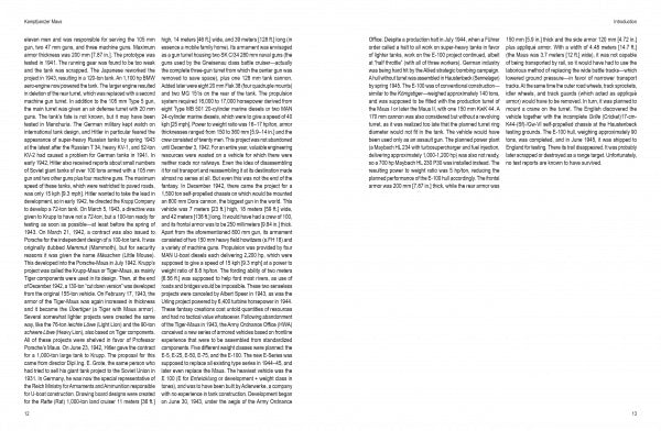 Two pages from "Kampfpanzer Maus" by Schiffer Publishing, Ltd. display dense, black text in columns on white paper, discussing the history, development, and significance of the German Maus tank. No images or illustrations are included.