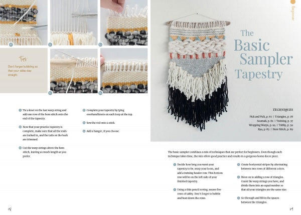 Welcome to Weaving by Schiffer Publishing, Ltd. offers a step-by-step photo guide with hands-on loom techniques, colorful yarns, finished wall hangings with fringe, beginner projects, clear instructions, and a materials list.