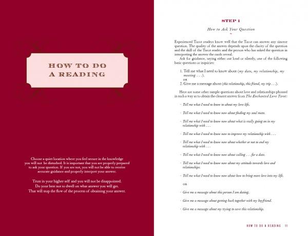 A two-page spread from The Enchanted Love Tarot by Schiffer Publishing, Ltd.: the maroon left page offers “HOW TO DO A READING” tips for your tarot deck, while the right white page shows sample soul mate and relationship questions.