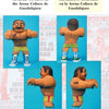 Carving Mexican Wrestlers by Schiffer Publishing, Ltd. features a clay Lucha Libre figurine with a mustache, tattoos, yellow wrestling shorts, blue boots with white laces—shown from four angles against a light blue background with bilingual text.