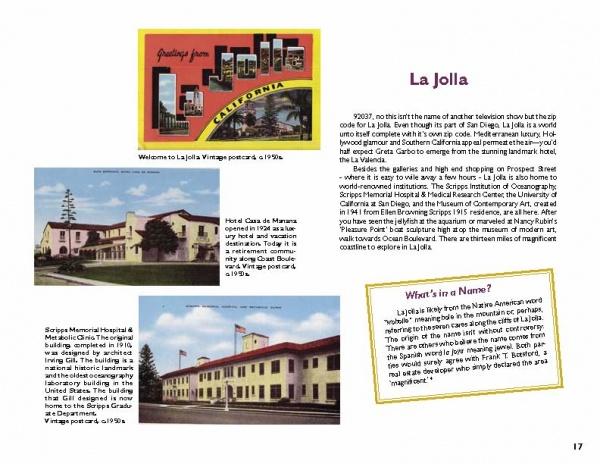Explore "Snapshots of San Diego" by Schiffer Publishing, Ltd.—a page with vintage La Jolla postcards, historic buildings, a brief history of La Jolla, name origin facts, and classic La Jolla Cove views for travel enthusiasts.