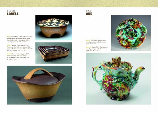 A page featuring What Makes a Potter by Schiffer Publishing, Ltd., showcasing American studio ceramics with unique shapes, vibrant glazes, and functional pottery by artists like Robbie Lobell and Lisa Orr.