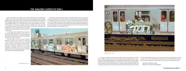 Two pages from "Don1, The King from Queens" by Schiffer Publishing, Ltd. show New York City subway trains with vibrant graffiti, including works by artists and a car tagged DON 1 MAFIA with visible passengers through its windows.
