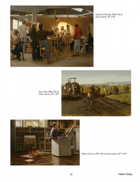A page from "100 Artists of the West Coast II" by Schiffer Publishing, Ltd. features three oil paintings: West Coast artists in a studio, farm workers planting, and a father and son painting in a home studio.