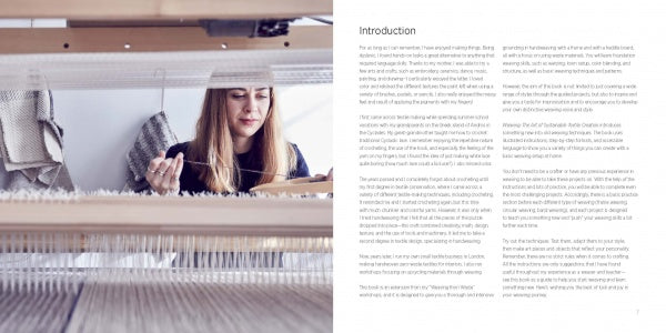 On the left page, an image shows a woman weaving at a loom through threads—reflecting sustainable practices. On the right is the heading Introduction, with text. Product: Weaving by Schiffer Publishing, Ltd.