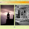 Two photos from *Haunts of the Southwest* (Schiffer Publishing, Ltd.): left, a bell tower silhouette under cloudy skies; right, a leaning old wooden building—both evoke the region’s ghostly past. Photos by J.R. OBrien.