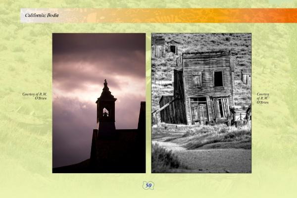 Two photos from *Haunts of the Southwest* (Schiffer Publishing, Ltd.): left, a bell tower silhouette under cloudy skies; right, a leaning old wooden building—both evoke the region’s ghostly past. Photos by J.R. OBrien.